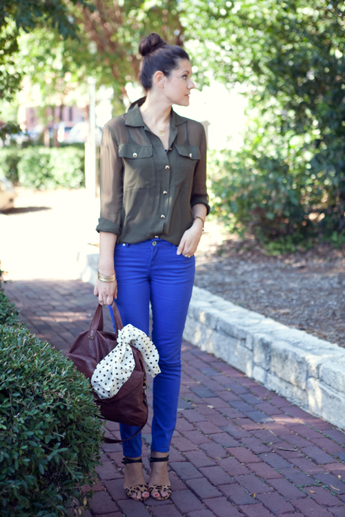 olive green shirt with blue jeans