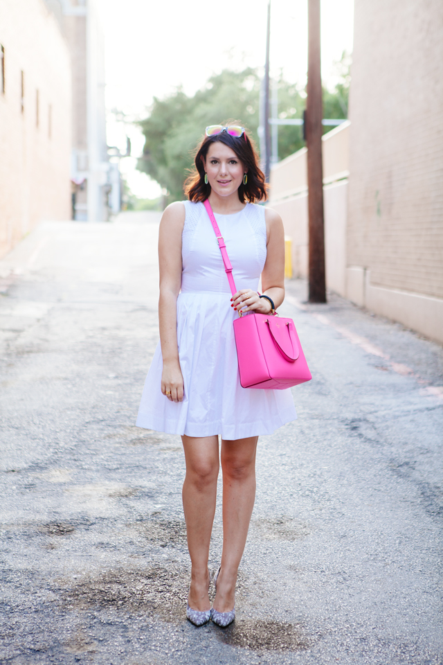 white summer dress pink Kate Spade bag